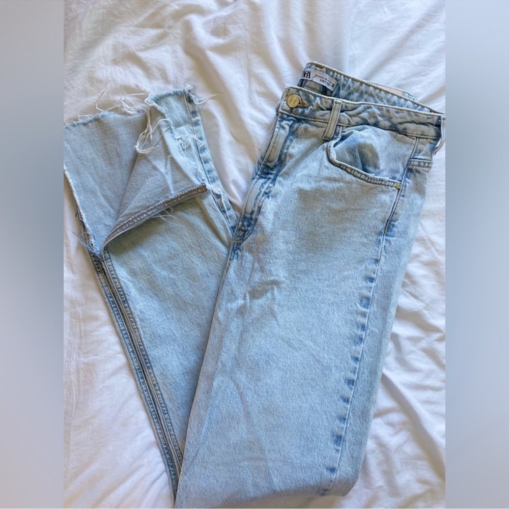 Zara Light Blue Split Hem Jean